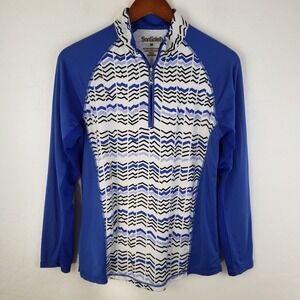 SanSoleil Top Women Medium Blue White Striped Vented 1/4 Zip Pullover Golf Shirt